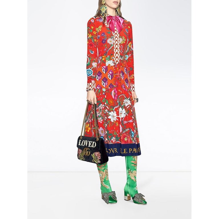 GUCCI Patch Work Print Silk Cocktail Dress IT46 US10-12 For Sale at 1stDibs