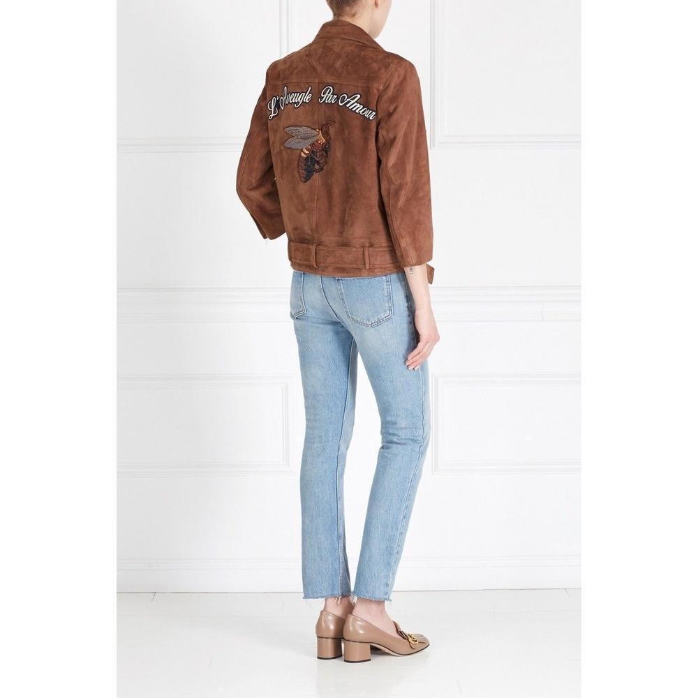 GUCCI Patches Embroidered Suede Jacket  IT42 US 4-6 In New Condition For Sale In Brossard, QC