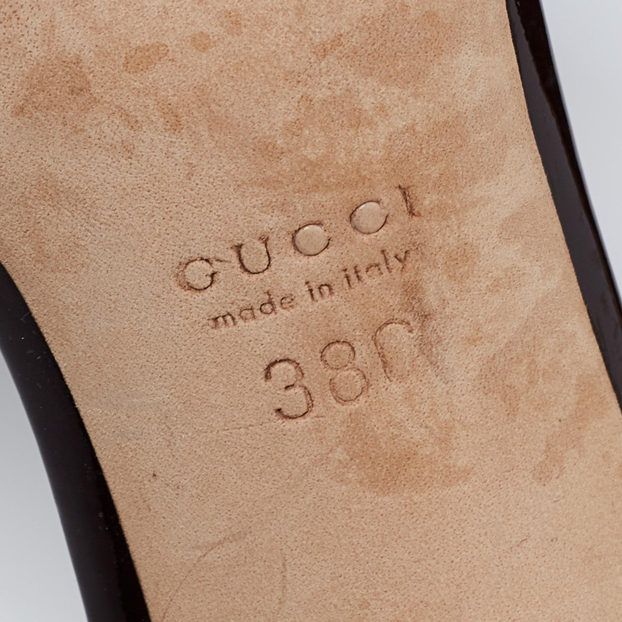 Women's Gucci Patent Leather and GG Crystal Canvas Bamboo Horsebit Slide Sandals Size 38