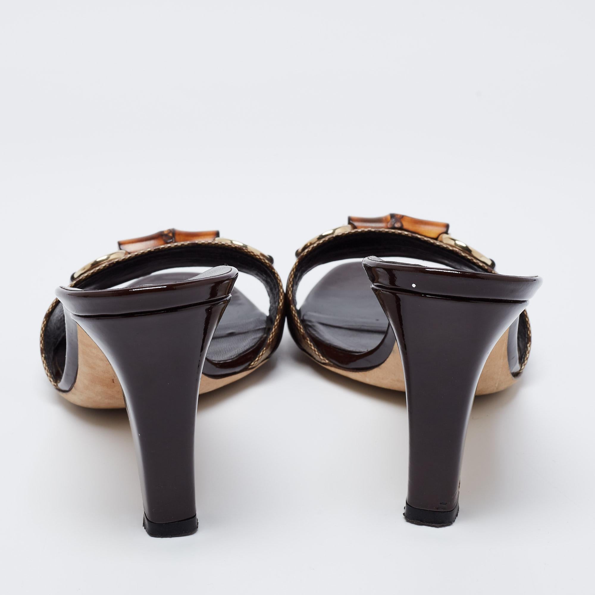 Gucci Patent Leather and GG Crystal Canvas Bamboo Horsebit Slide Sandals Size 38 1