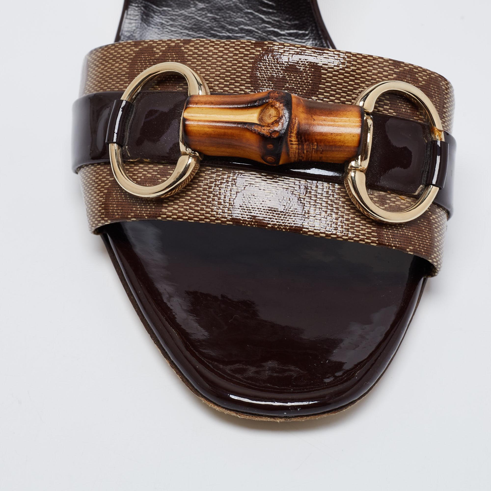 Gucci Patent Leather and GG Crystal Canvas Bamboo Horsebit Slide Sandals Size 38 2