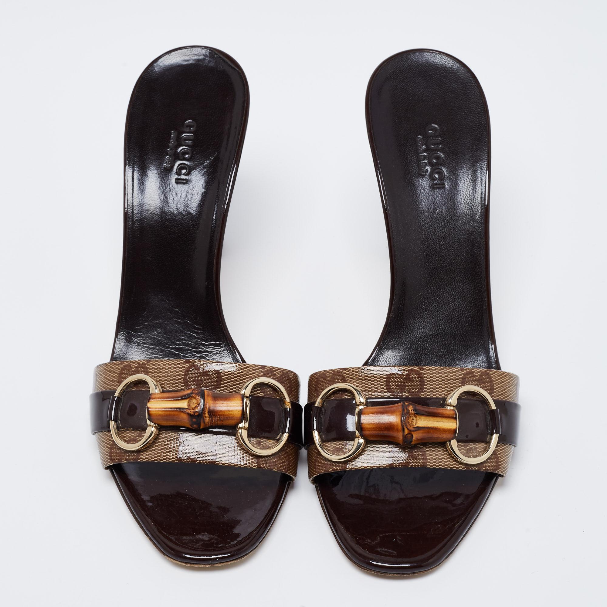 Gucci Patent Leather and GG Crystal Canvas Bamboo Horsebit Slide Sandals Size 38 4