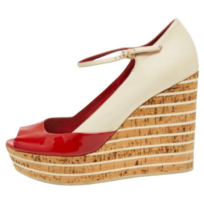 Gucci Patent Leather Colorblock Platform Wedge Mary Jane Peep Toe Pumps Size 38 For Sale