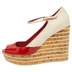 Gucci Patent Leather Colorblock Platform Wedge Mary Jane Peep Toe Pumps Size 38