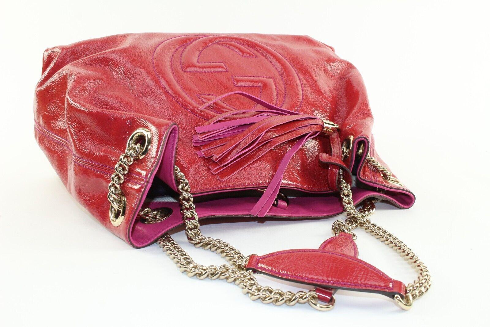 Gucci Patent Pink Soho Fringe Tassel Chain Tote 2way Fuchsia 1GK0104K For Sale 2