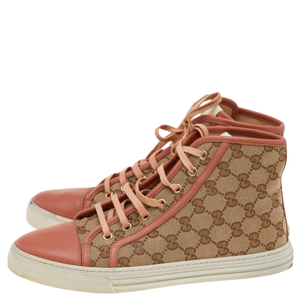 Brown Gucci Peach/Beige Leather And GG Supreme Canvas High-Top Sneakers Size 40