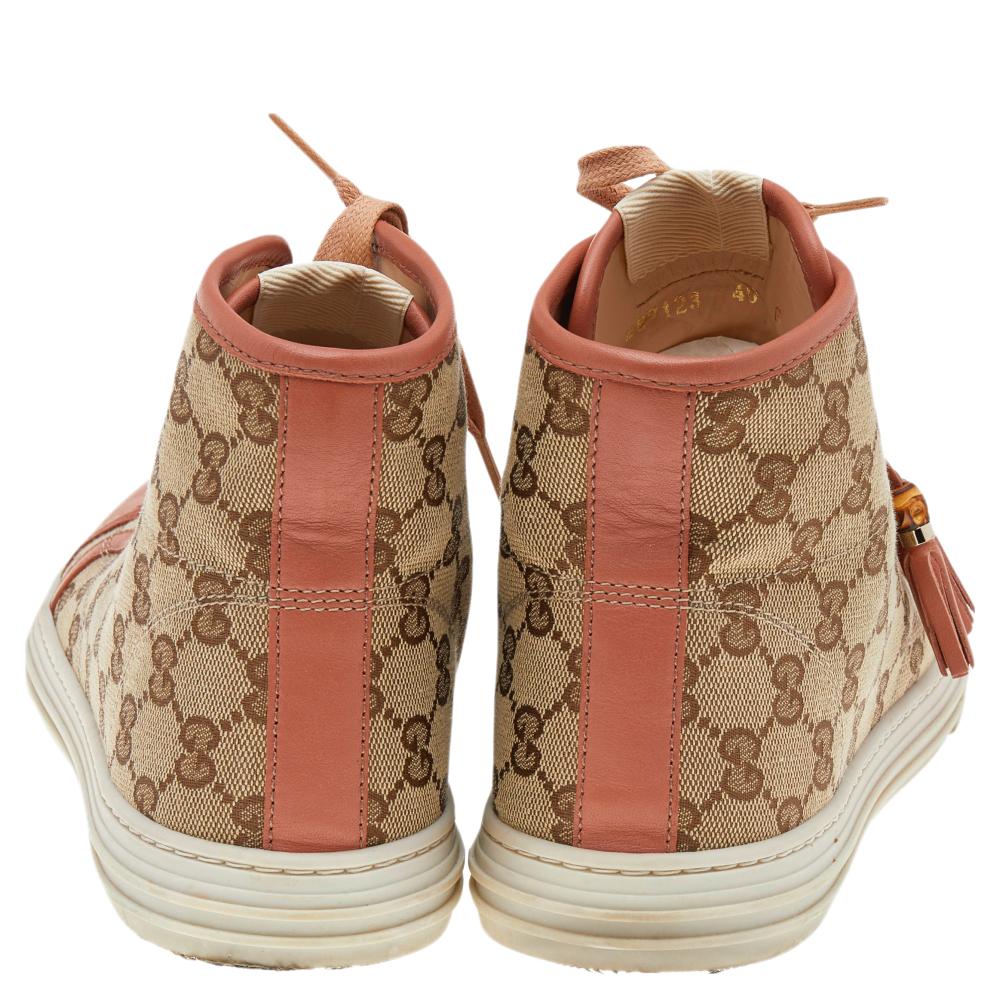 Gucci Peach/Beige Leather And GG Supreme Canvas High-Top Sneakers Size 40 In Good Condition In Dubai, Al Qouz 2