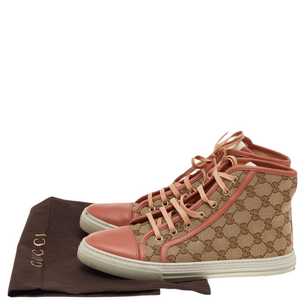 Gucci Peach/Beige Leather And GG Supreme Canvas High-Top Sneakers Size 40 3