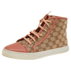 Gucci Peach/Beige Leather And GG Supreme Canvas High-Top Sneakers Size 40