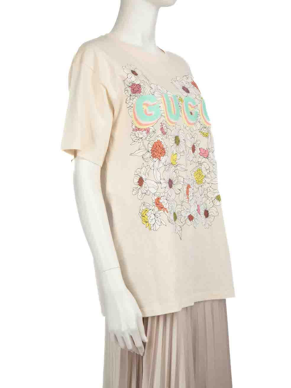 CONDITION is Never worn, with tags. No visible wear to top is evident on this new Gucci designer resale item.
 
 
 
 Details
 
 
 Peach
 
 Cotton
 
 T-shirt
 
 Floral pattern
 
 Logo embroidered detail
 
 Round neck
 
 Oversized fit
 
 
 
 
 
 Made