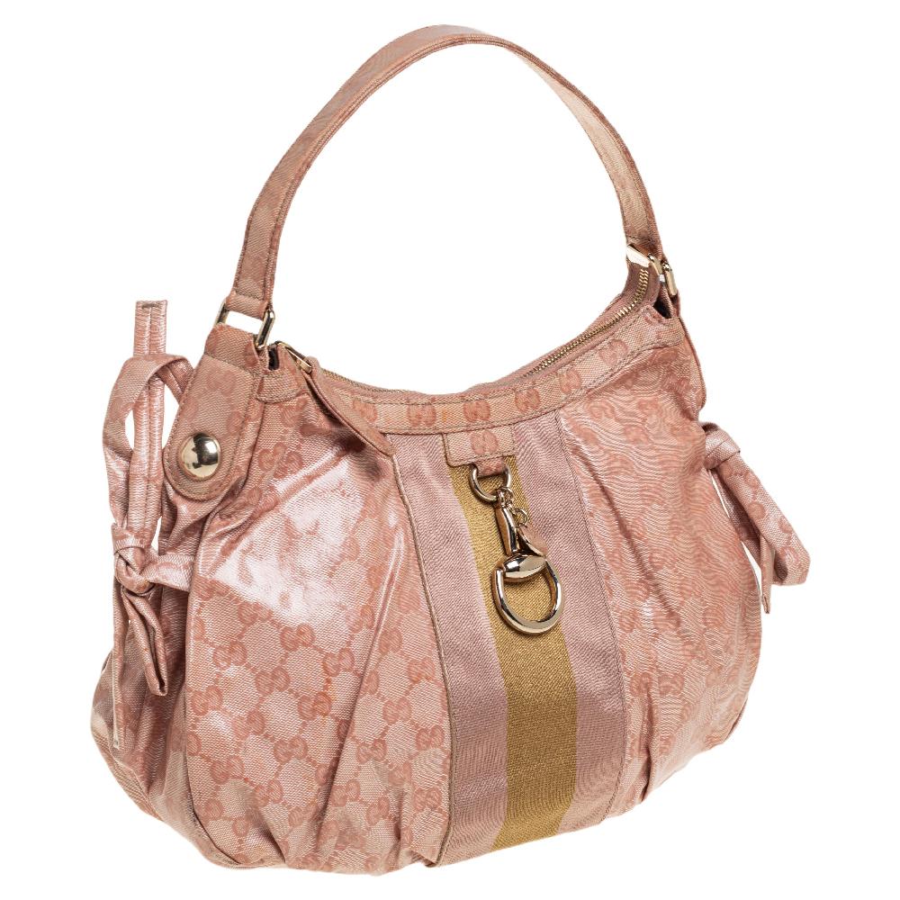 Gucci Peach GG Crystal Canvas Vintage Web Hobo In Fair Condition In Dubai, Al Qouz 2