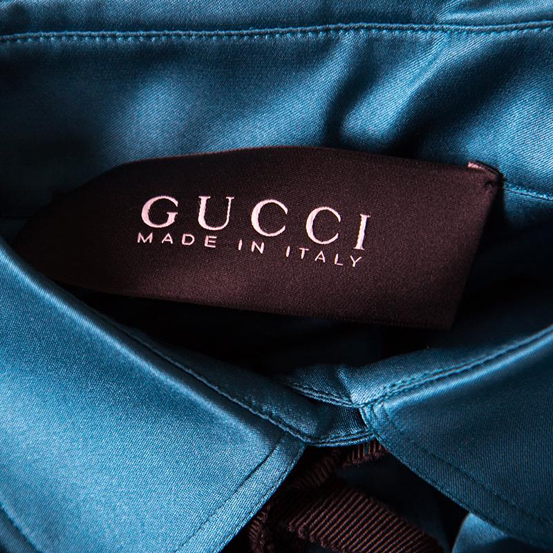 Gucci Peacock Blue Silk Satin Ribbon Tie Detail Long Sleeve Shirt S In Good Condition In Dubai, Al Qouz 2