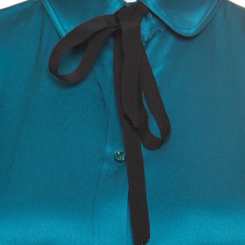 Women's Gucci Peacock Blue Silk Satin Ribbon Tie Detail Long Sleeve Shirt S