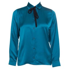 Gucci Peacock Blue Silk Satin Ribbon Tie Detail Long Sleeve Shirt S