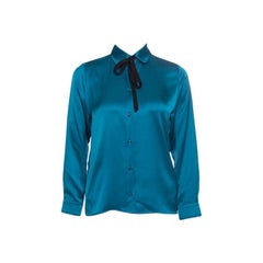 Gucci Peacock Blue Silk Satin Ribbon Tie Detail Long Sleeve Shirt S