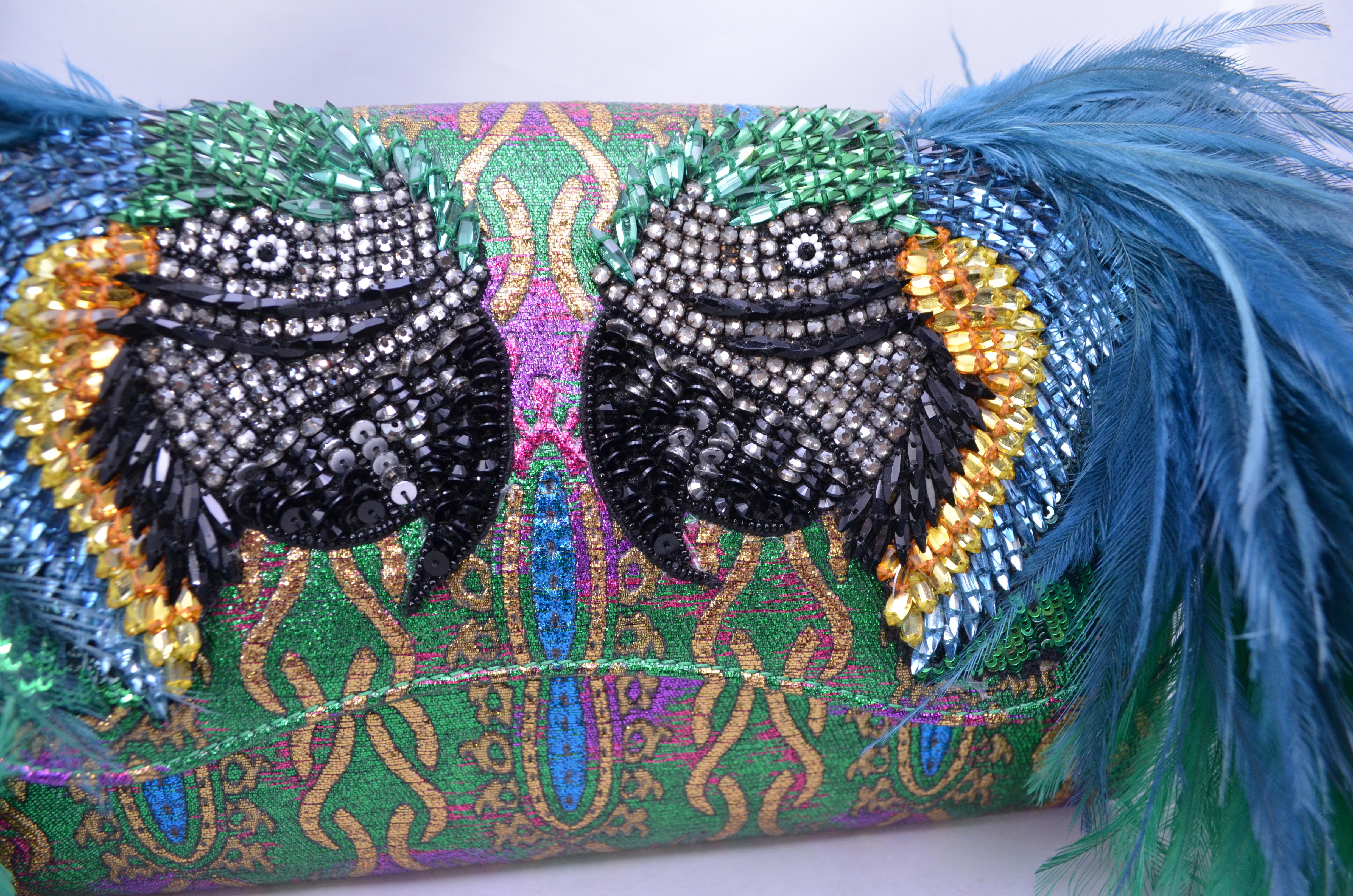 Gray Gucci Macaw Brocade Clutch with Feathers