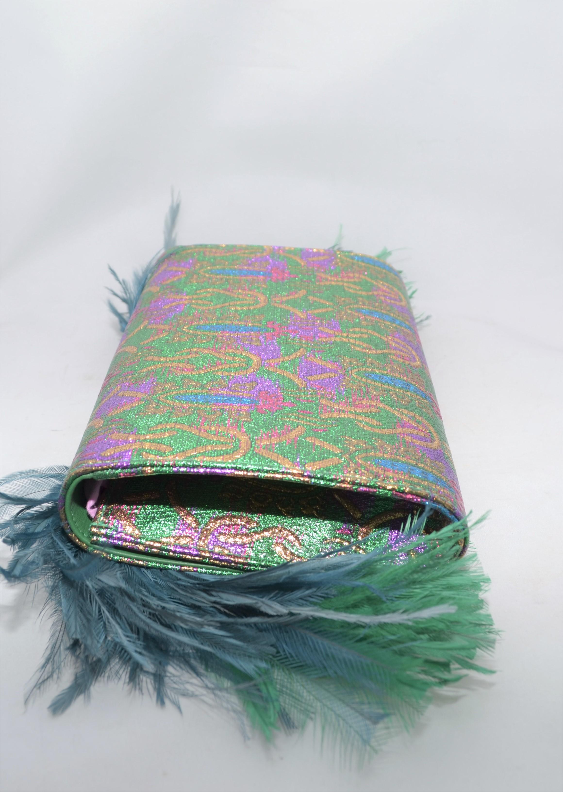 Women's Gucci Macaw Brocade Clutch with Feathers