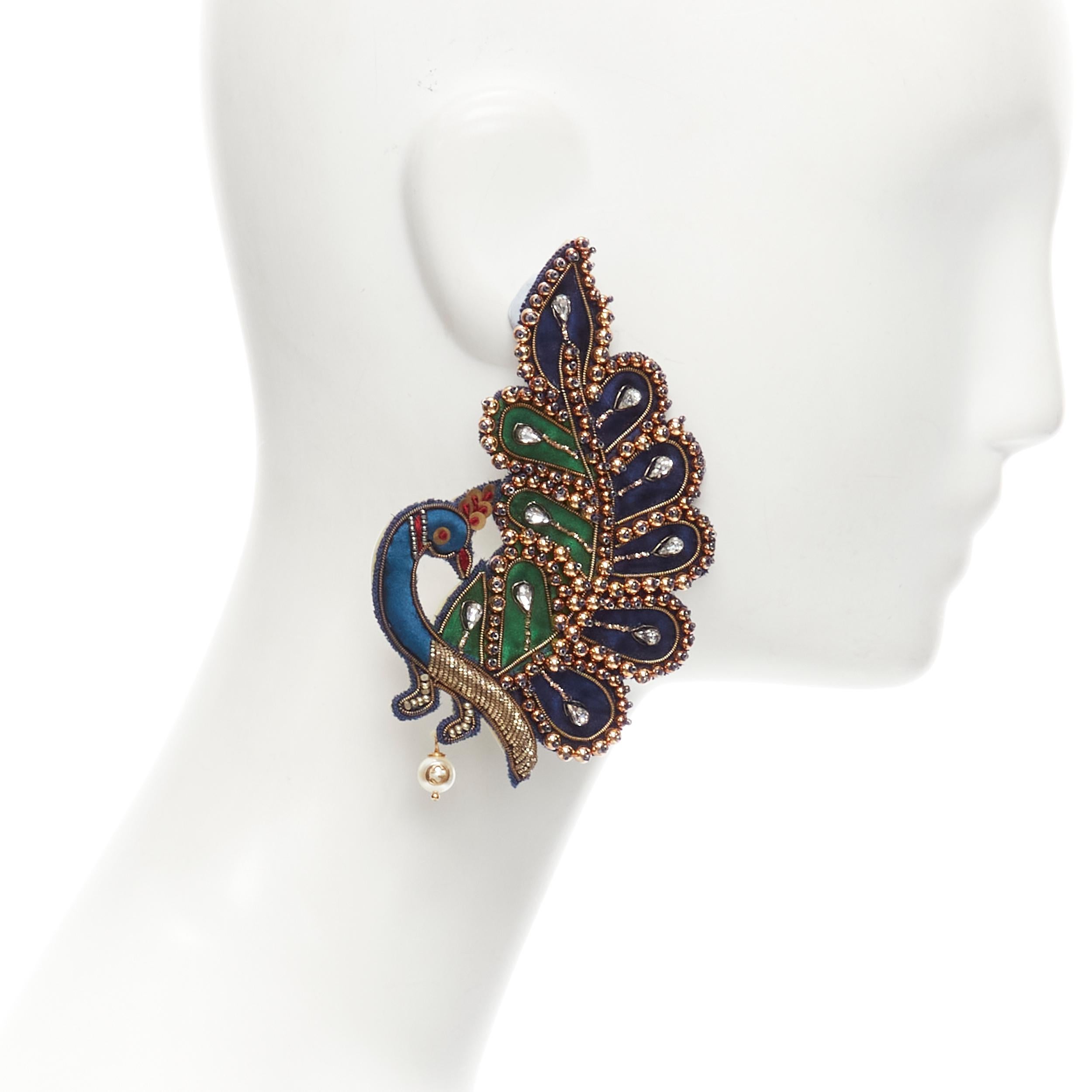 Gray GUCCI Peacock crystal rhinestone bead embellished GG pearl clip on earring