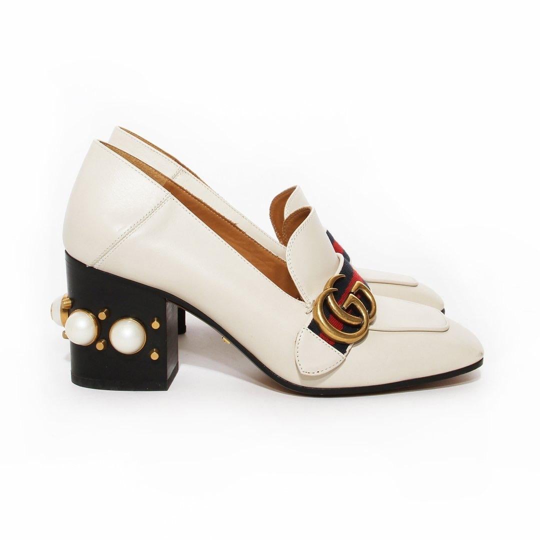 Gucci Pearl Heel Loafer by Alessandro Michele Boot
Made in Italy 
Spring 2016
White leather
Blue and red web
Antiqued gold interlocked GG 
Square style toe
Gold stud and pearl heel embellishments
Stacked block heel 
Great condition; Wear on soles.
