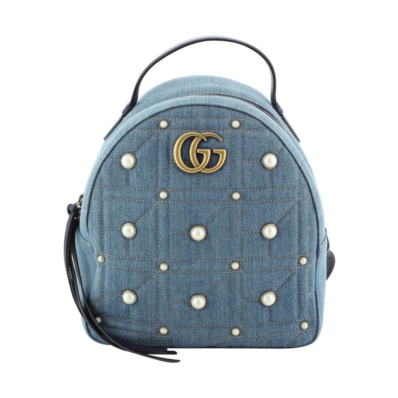 Gucci Pearly GG Marmont Backpack Embellished Matelasse Denim Small 