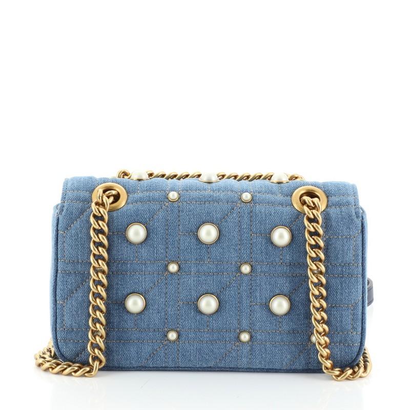 Gucci Pearly GG Marmont Flap Bag Embellished Matelasse Denim Mini In Good Condition In NY, NY