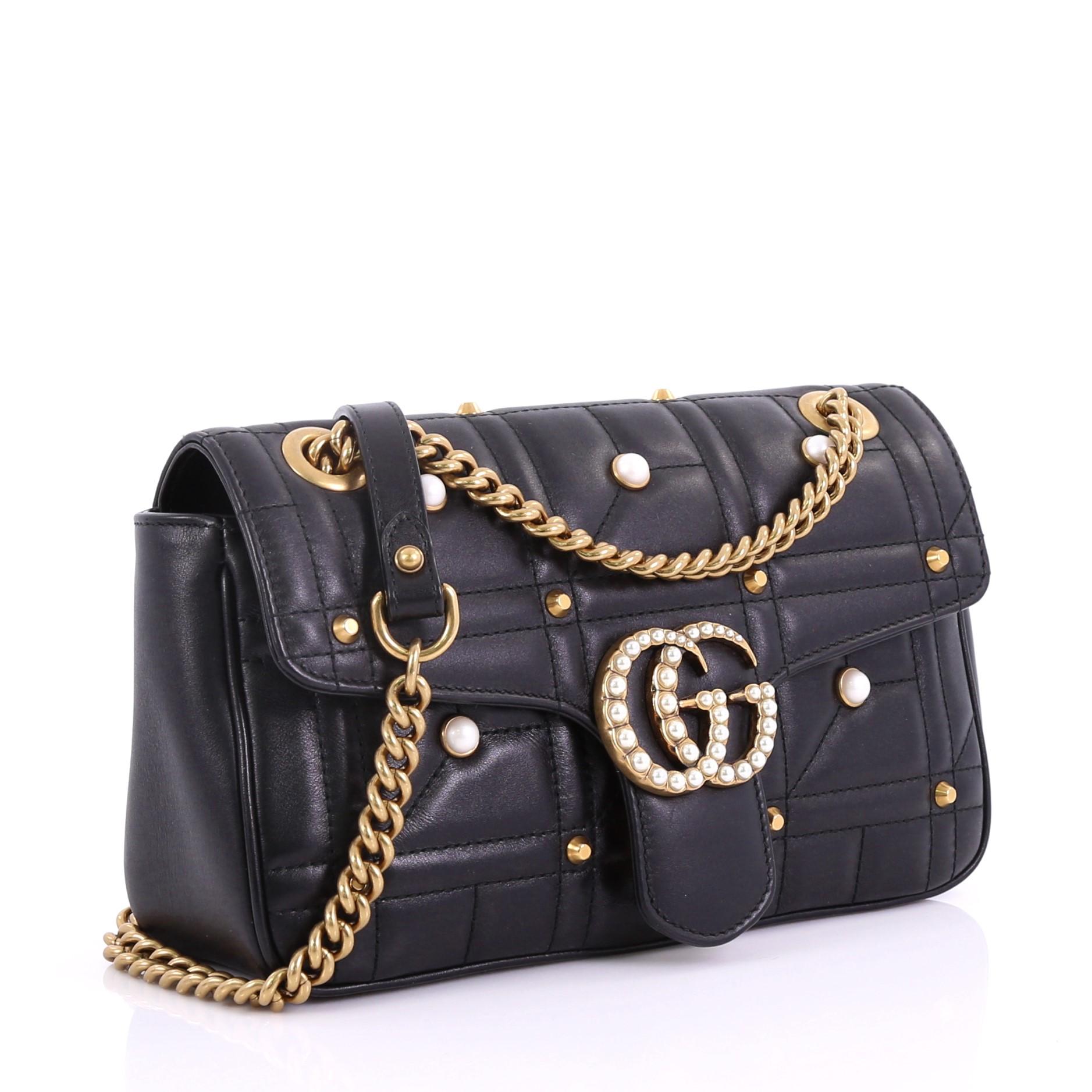 Black Gucci Pearly GG Marmont Flap Bag Embellished Matelasse Leather Small