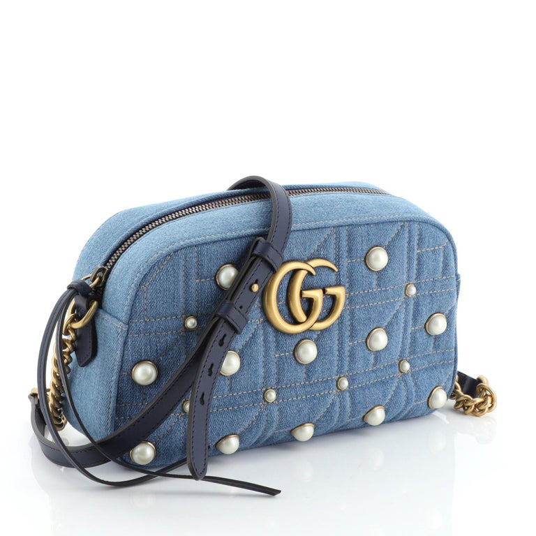 Gucci Pearly GG Marmont Shoulder Bag Embellished Matelasse Denim Small at 1stdibs