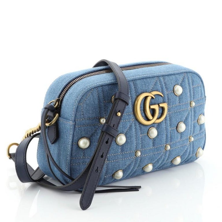 Gucci Pearly GG Marmont Handbag Embellished Matelasse Denim Small at 1stDibs