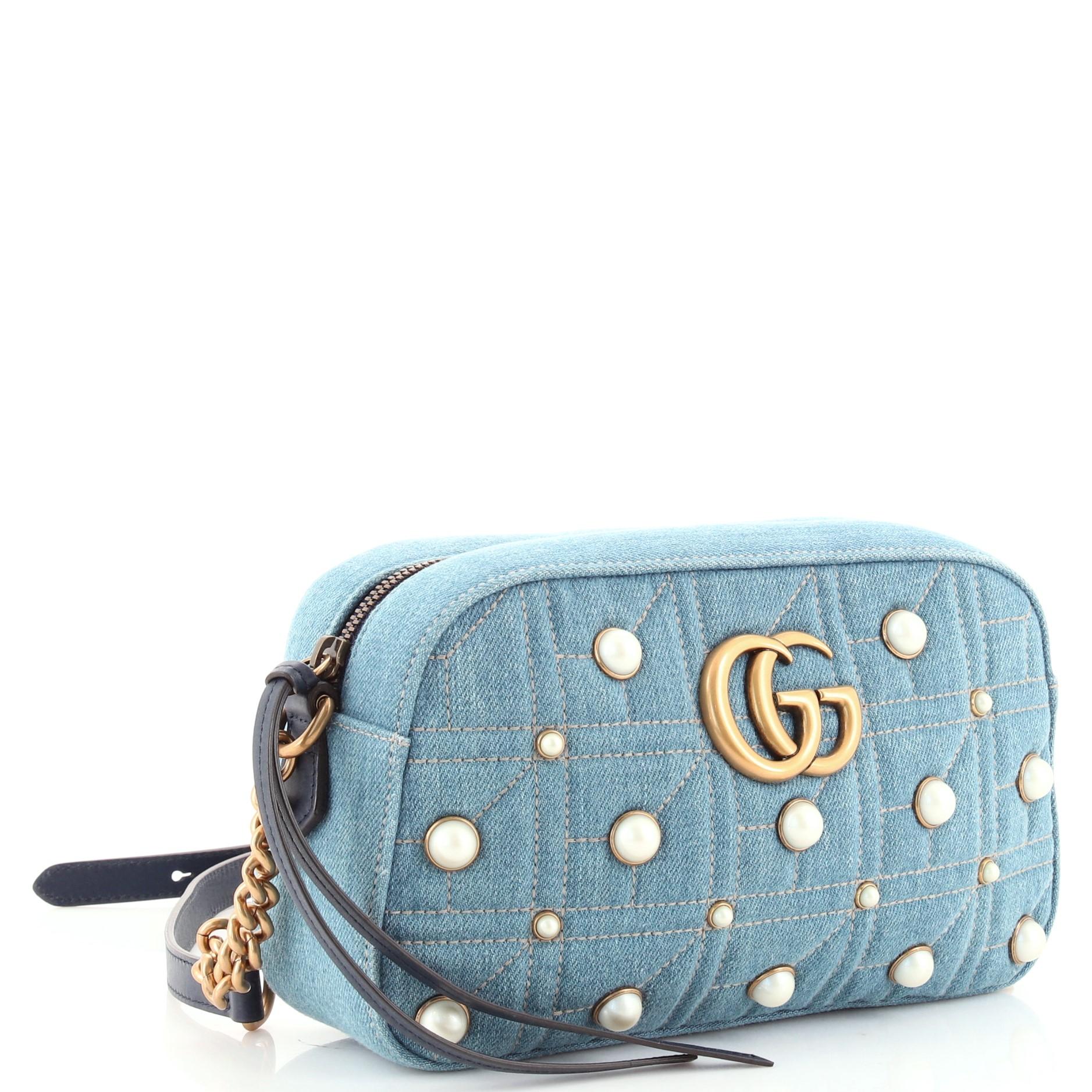 Gray Gucci Pearly GG Marmont Shoulder Bag Embellished Matelasse Denim Small
