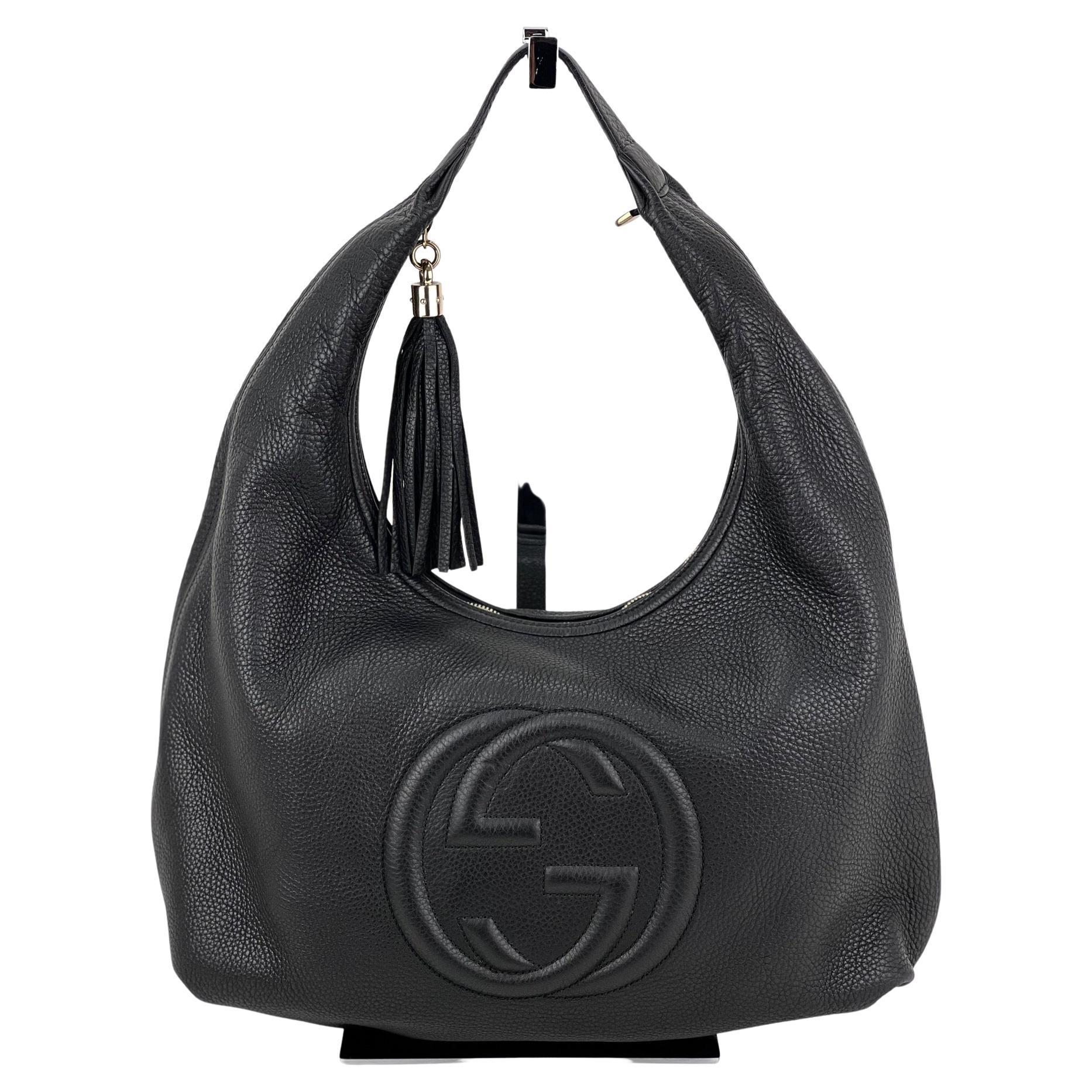 Gucci Pebbled Calfskin Leather Large Soho Hobo Black Tote W/ Tassel Added  Insert at 1stDibs | black gg purse, gucci soho large bag, gucci large soho  tote