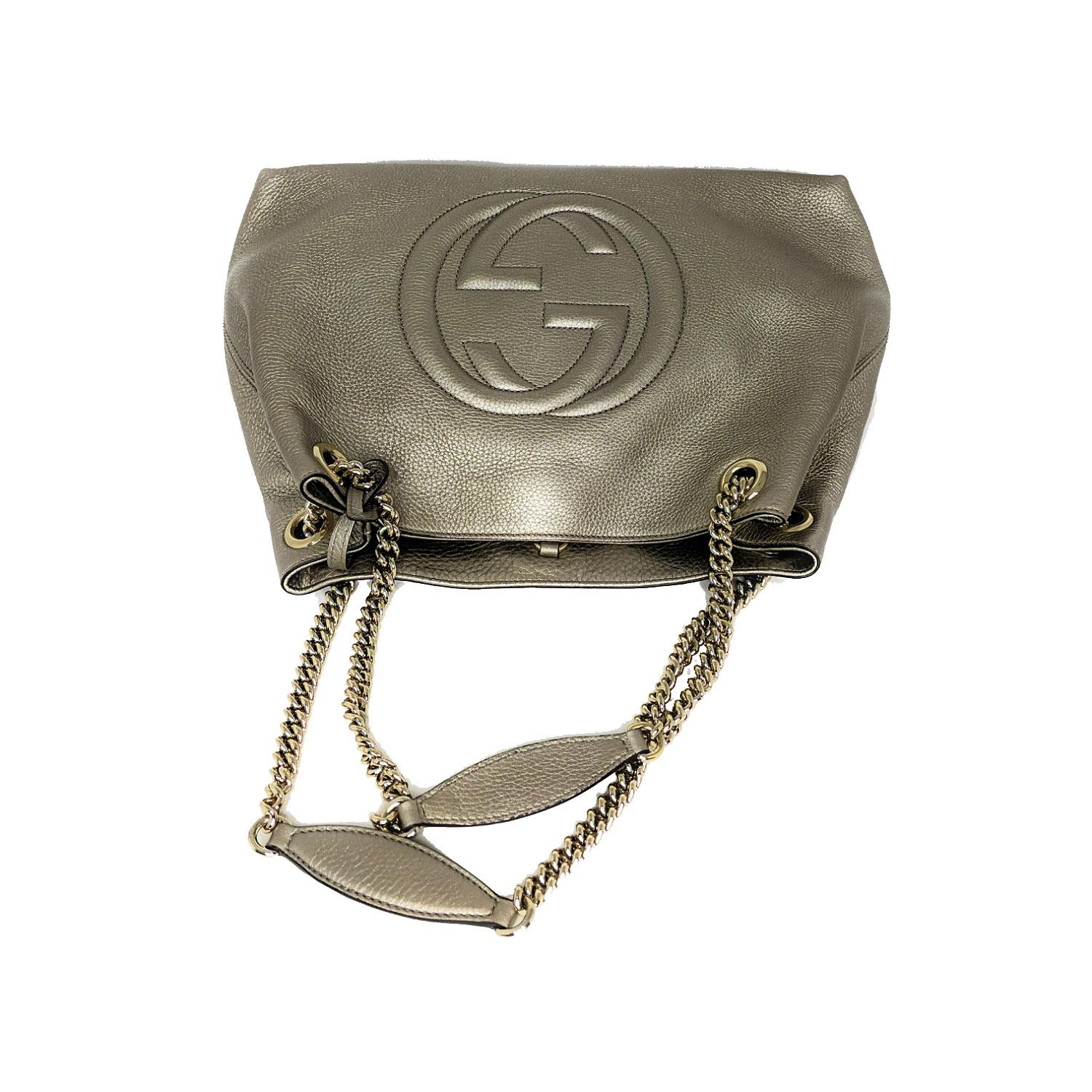 Brown Gucci Pebbled Calfskin Medium Soho Chain Shoulder Bag