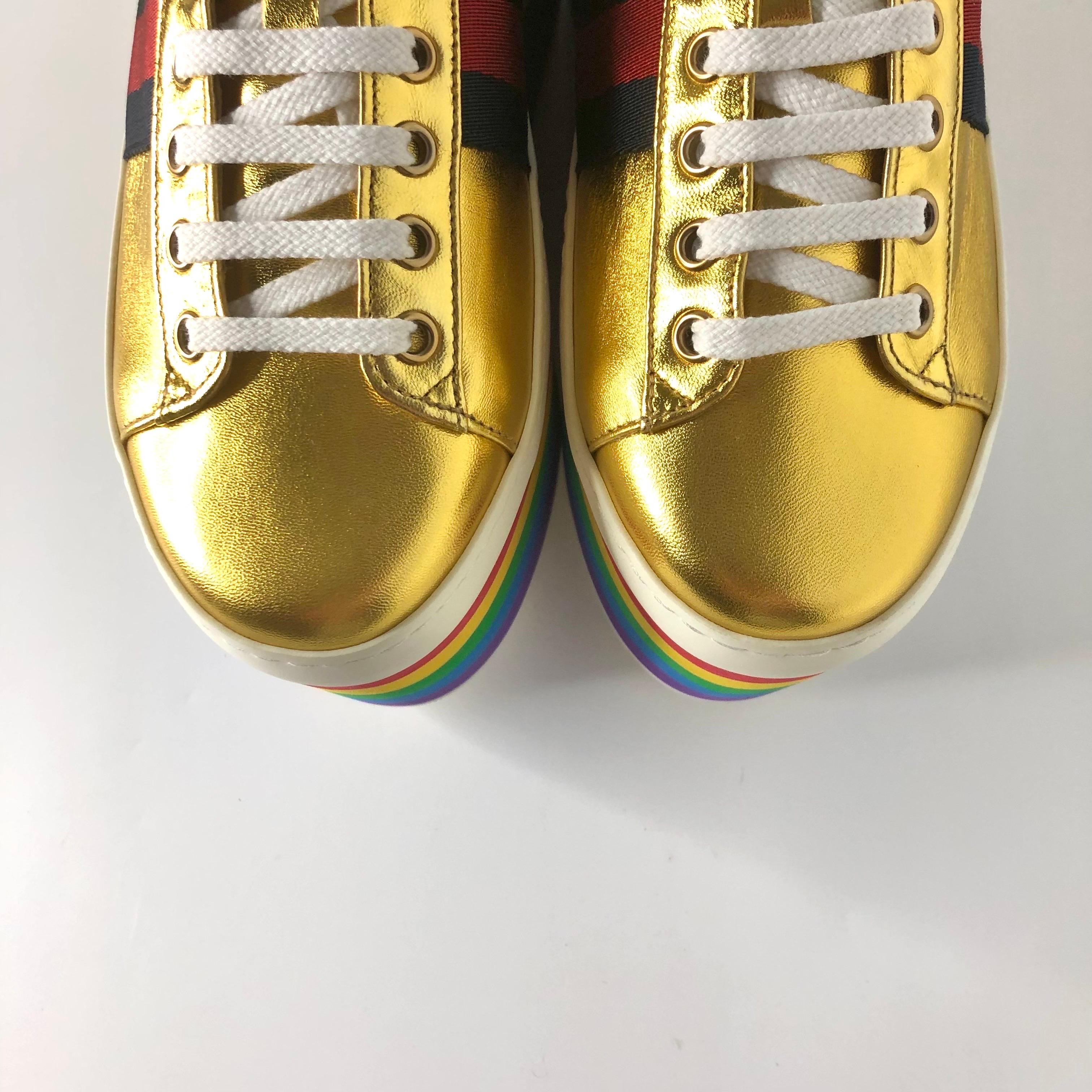 Women's Gucci Peggy Mettalic Gold Rainbow Platform Lowtop Lace Up Sneakers 38.5 For Sale