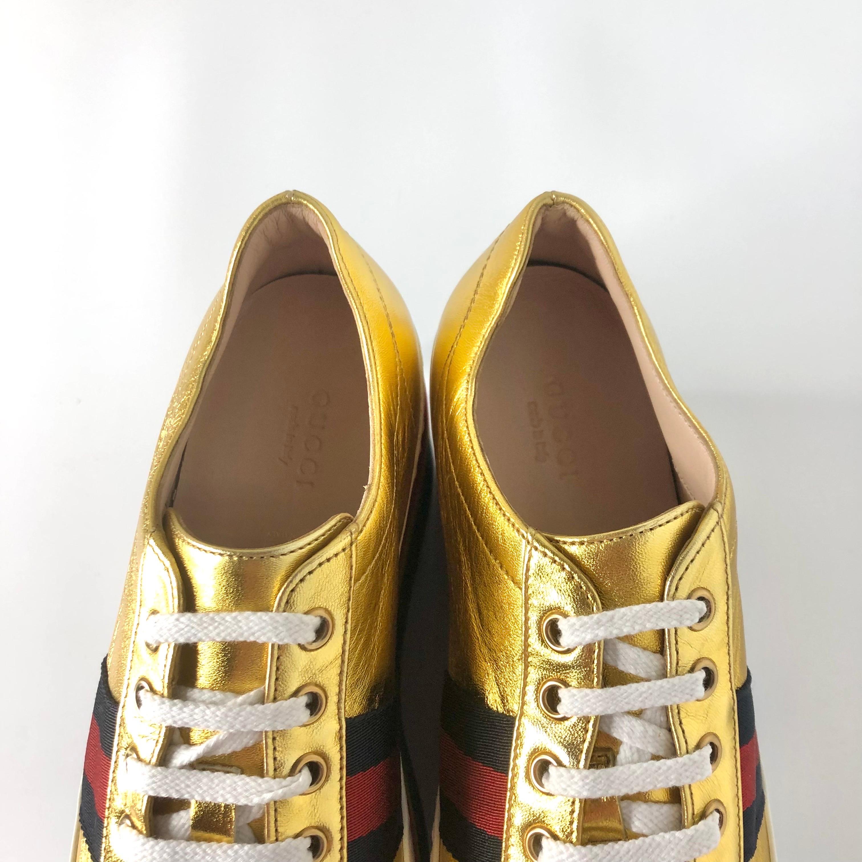 Gucci Peggy Mettalic Gold Rainbow Platform Lowtop Lace Up Sneakers 38.5 For Sale 1
