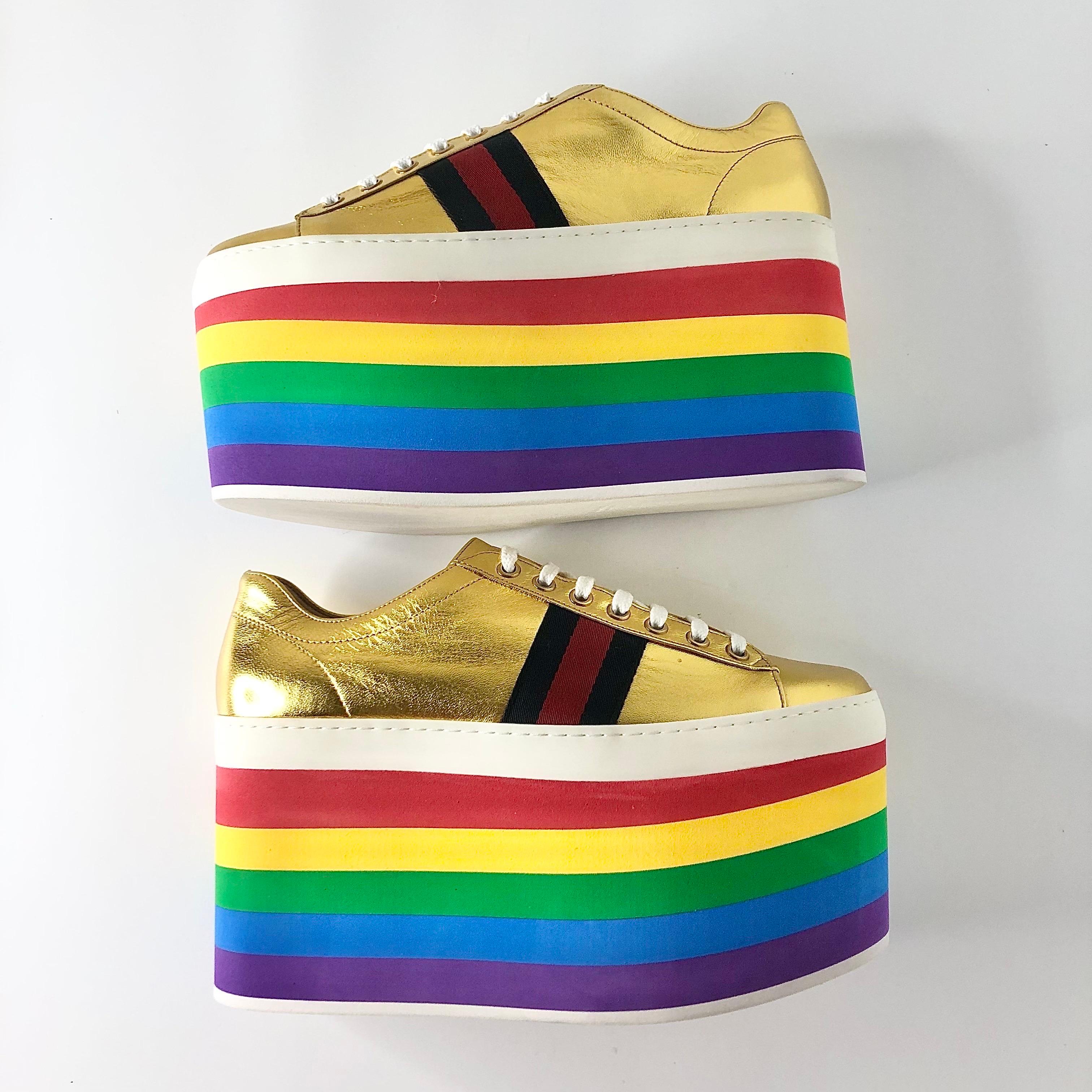 Gucci Peggy Mettalic Gold Rainbow Platform Lowtop Lace Up Sneakers 38.5 For Sale 2