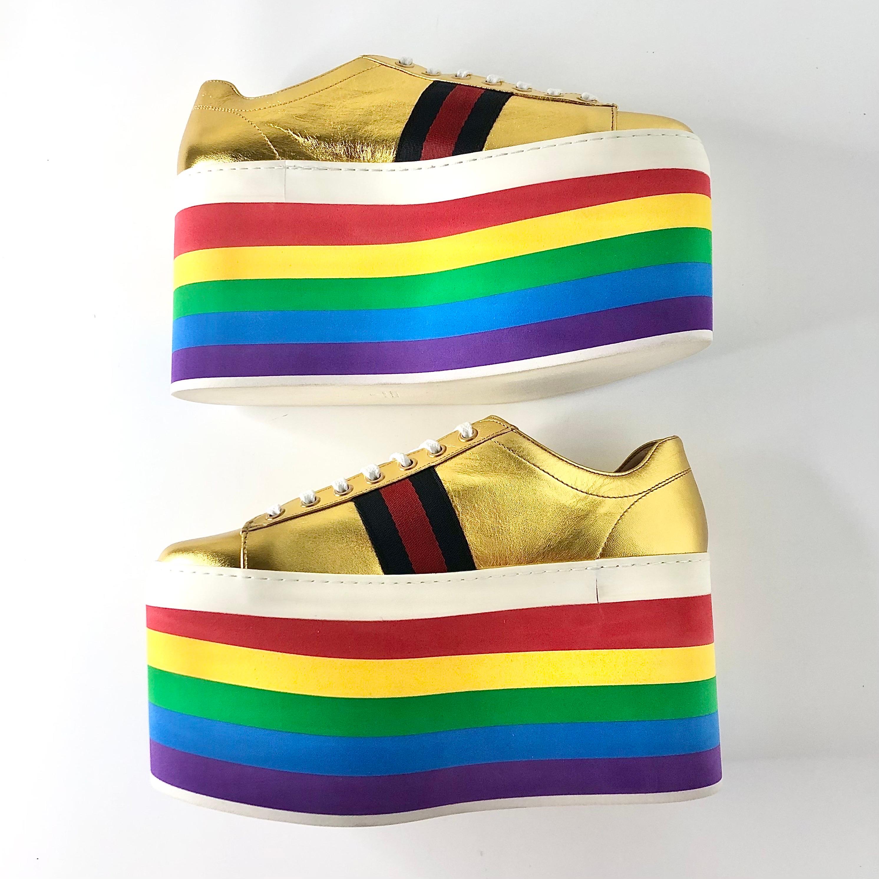 Gucci Peggy Mettalic Gold Rainbow Platform Lowtop Lace Up Sneakers 38.5 For Sale 3