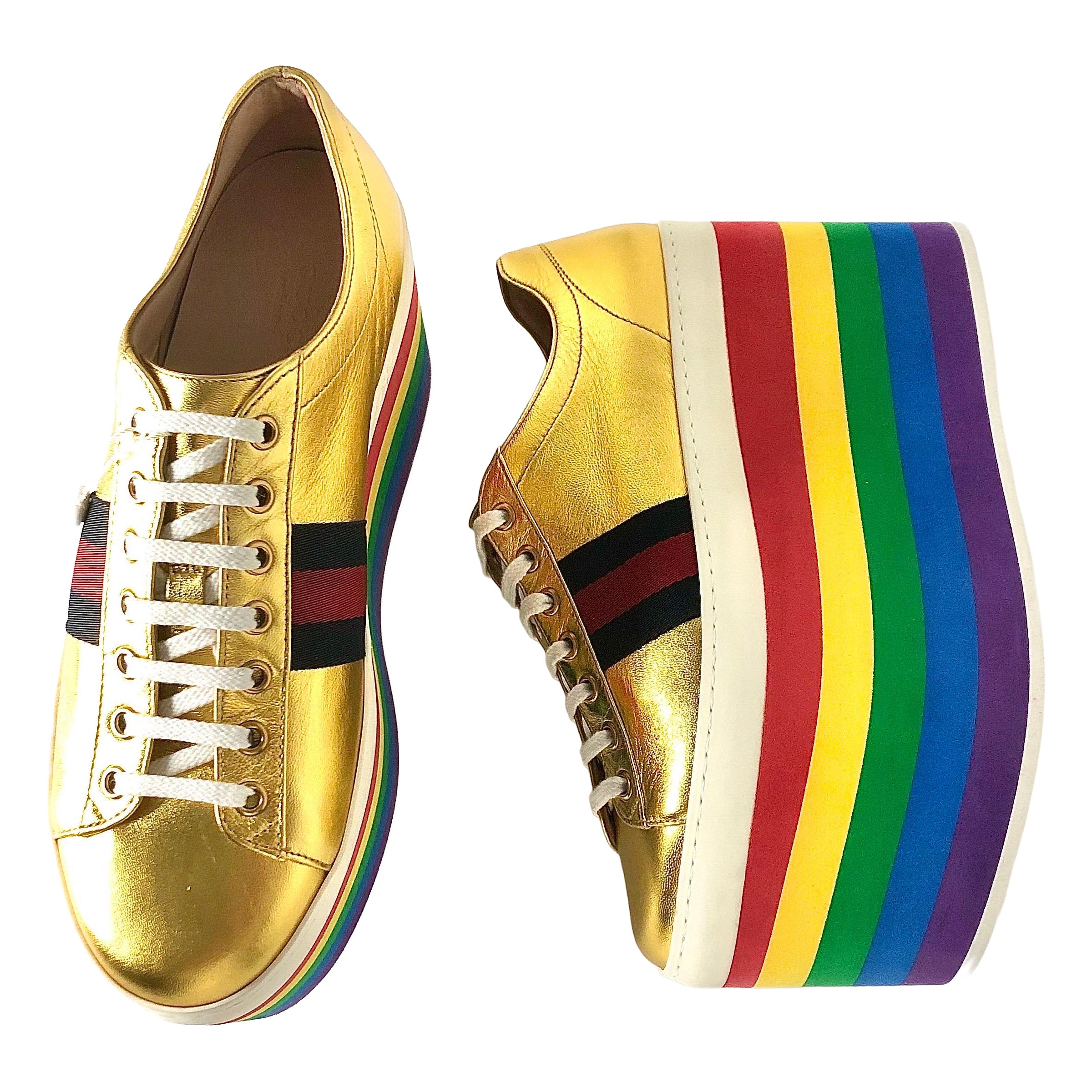Gucci Peggy Mettalic Gold Rainbow Platform Lowtop Lace Up Sneakers 38.5