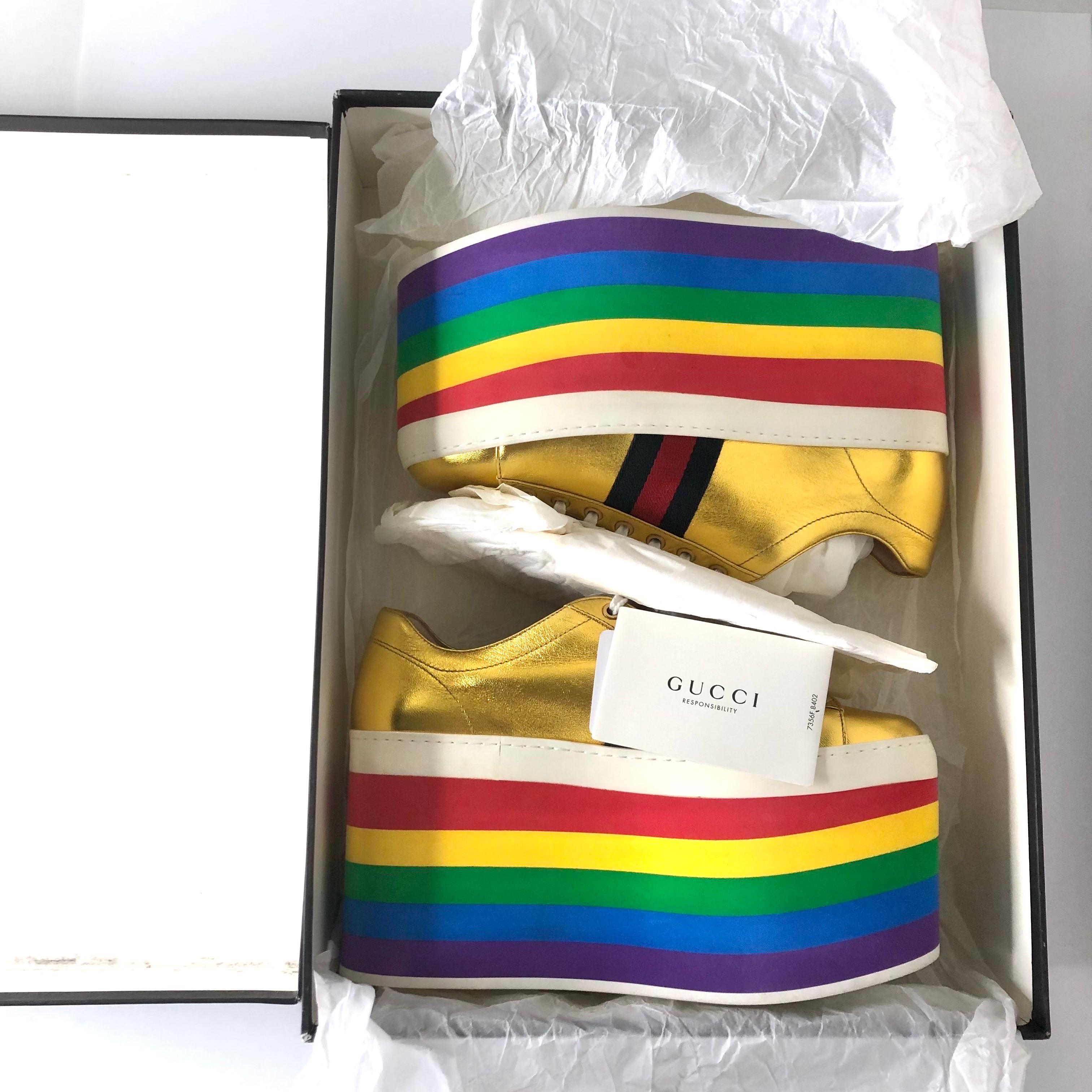 Gucci Peggy Rayas Arco Iris Oro Metálico Plataforma Zapatillas 39 en venta 8