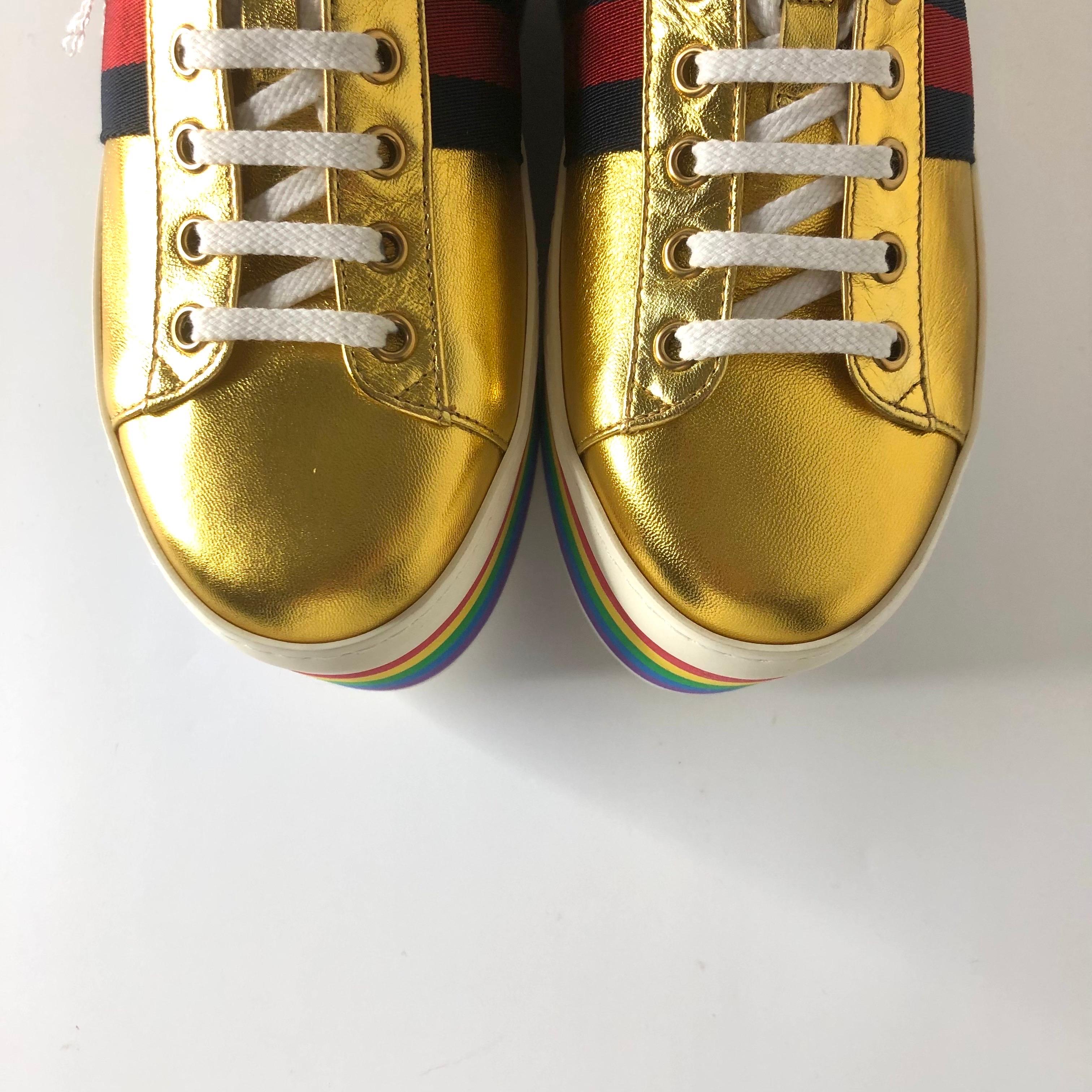 De las mujeres Gucci Peggy Rayas Arco Iris Oro Metálico Plataforma Zapatillas 39 en venta