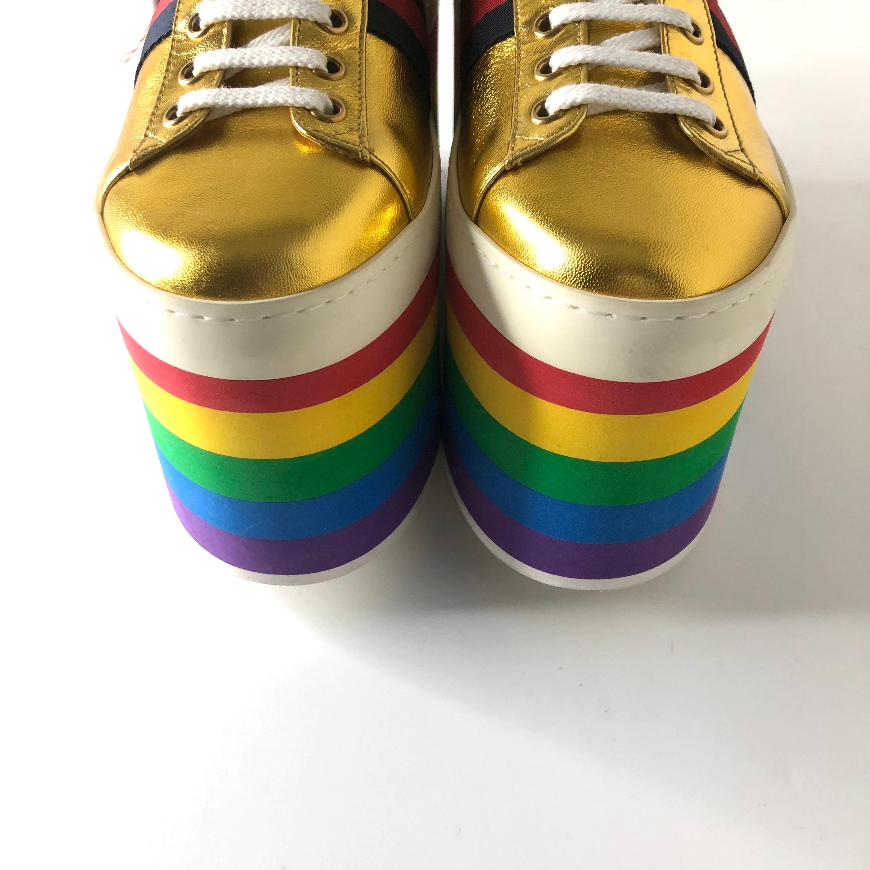 Gucci Peggy Rayas Arco Iris Oro Metálico Plataforma Zapatillas 39 en venta 2