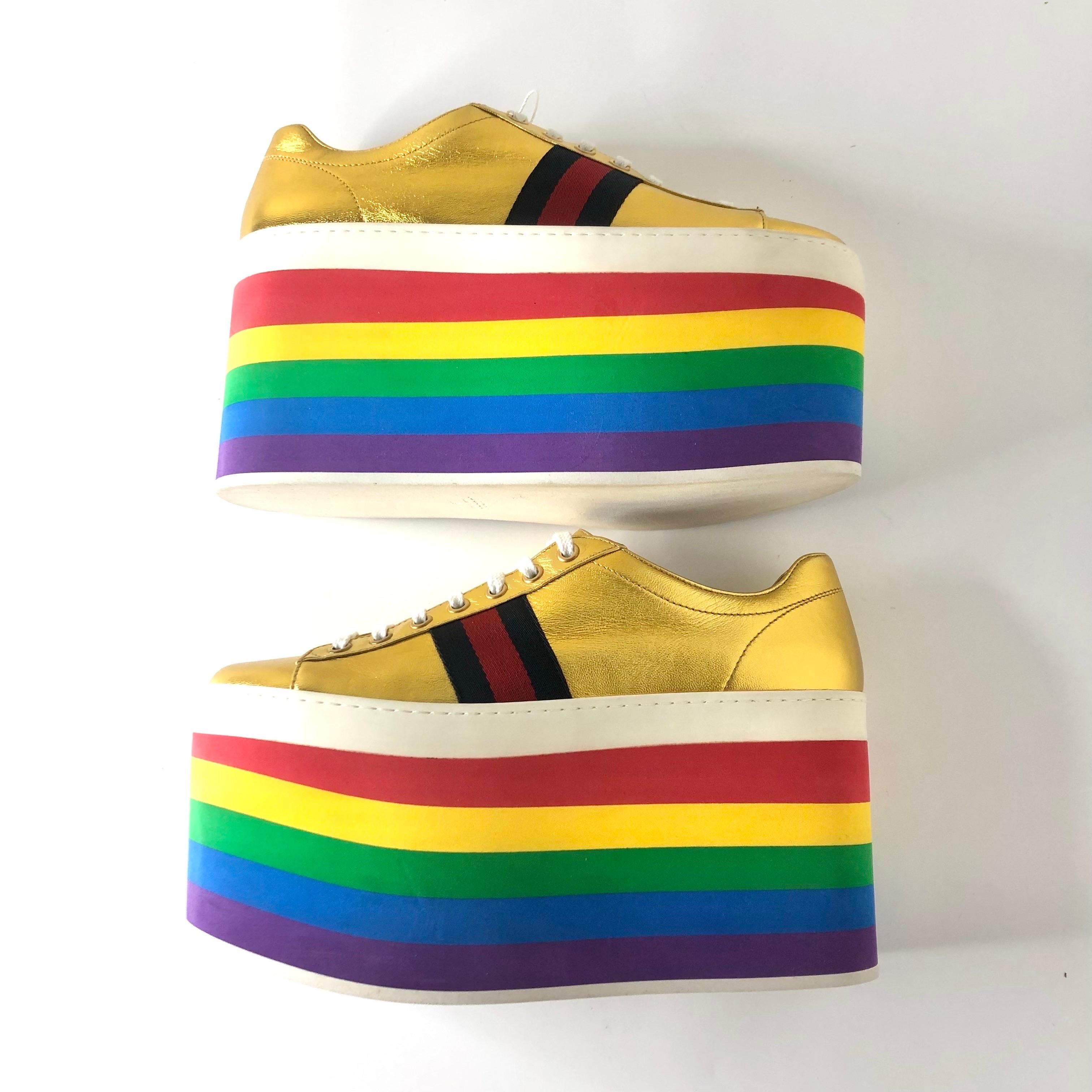 Gucci Peggy Rayas Arco Iris Oro Metálico Plataforma Zapatillas 39 en venta 4