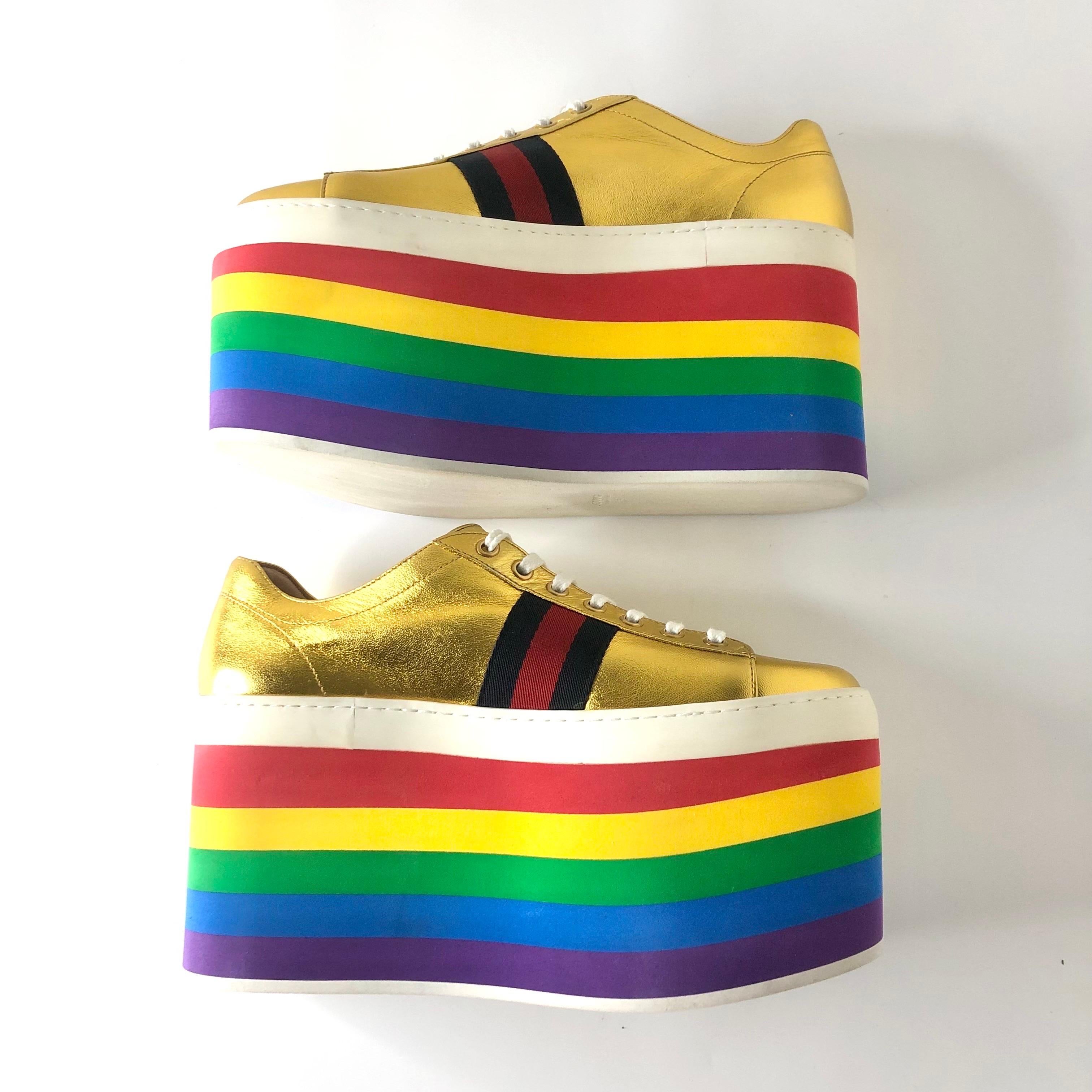Gucci Peggy Rayas Arco Iris Oro Metálico Plataforma Zapatillas 39 en venta 5