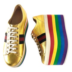 Gucci Peggy Rainbow Stripe Metallic Gold Platform Sneakers 39