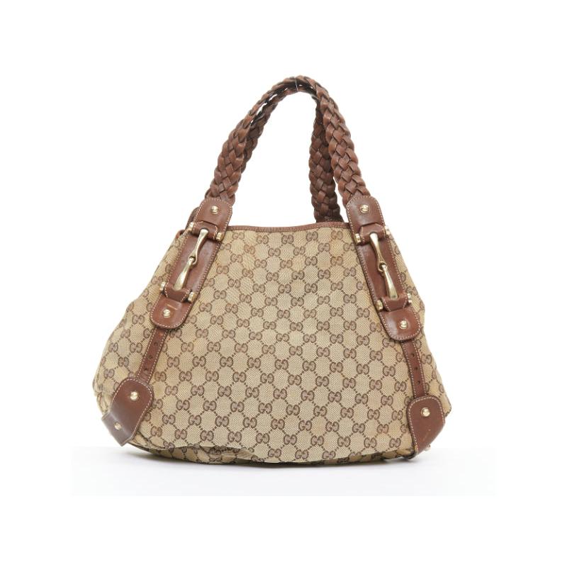 GUCCI Pelham Vintage beige GG monogram canvas brown braided handle boho bag (Braun) im Angebot