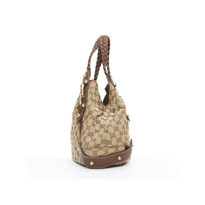 GUCCI Pelham Vintage beige GG monogram canvas brown braided handle boho bag im Zustand „Gut“ im Angebot in Hong Kong, NT