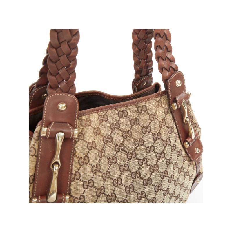 GUCCI Pelham Vintage beige GG monogram canvas brown braided handle boho bag im Angebot 2