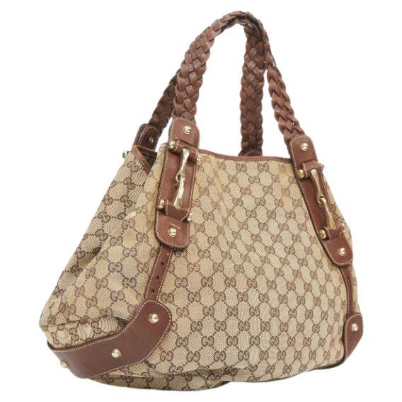 GUCCI Pelham Vintage beige GG monogram canvas brown braided handle boho bag