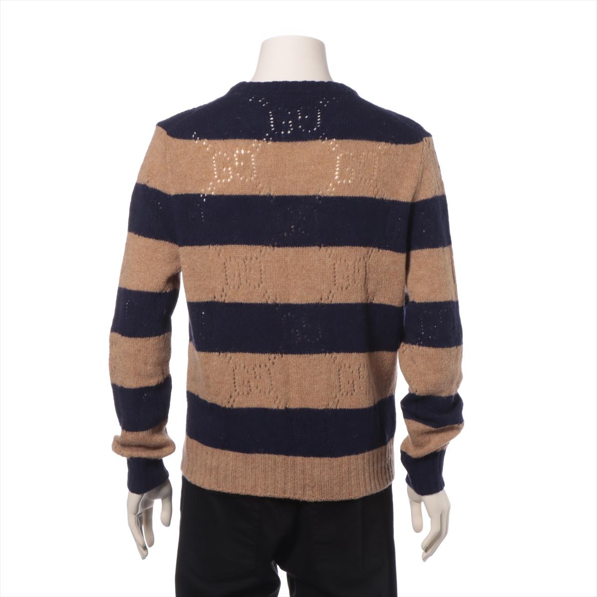 Gucci Sudadera de punto a rayas con dibujo GG perforado Marrón x Azul Marino Negro
