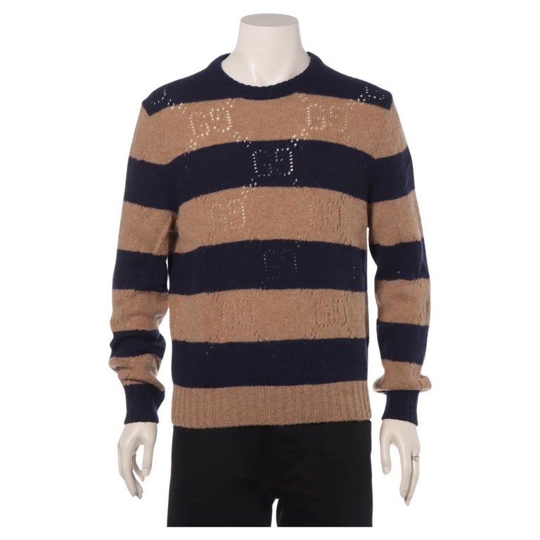 Gucci Perforated GG Pattern Stripe Knit Sweatshirt Brown x Navy Blue