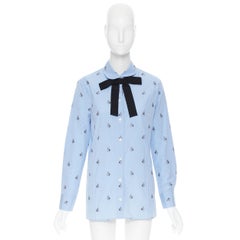 GUCCI Peter Rabbit blue white striped print grosgrain bow long sleeve shirt IT42