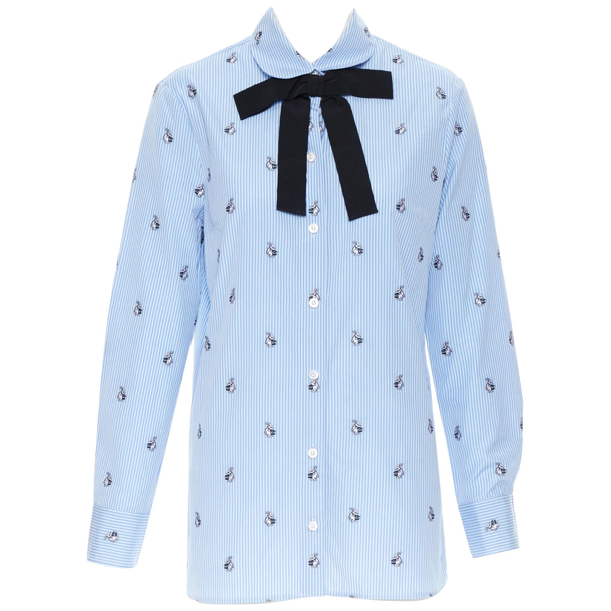 GUCCI Peter Rabbit blue white striped print grosgrain bow long sleeve shirt IT42